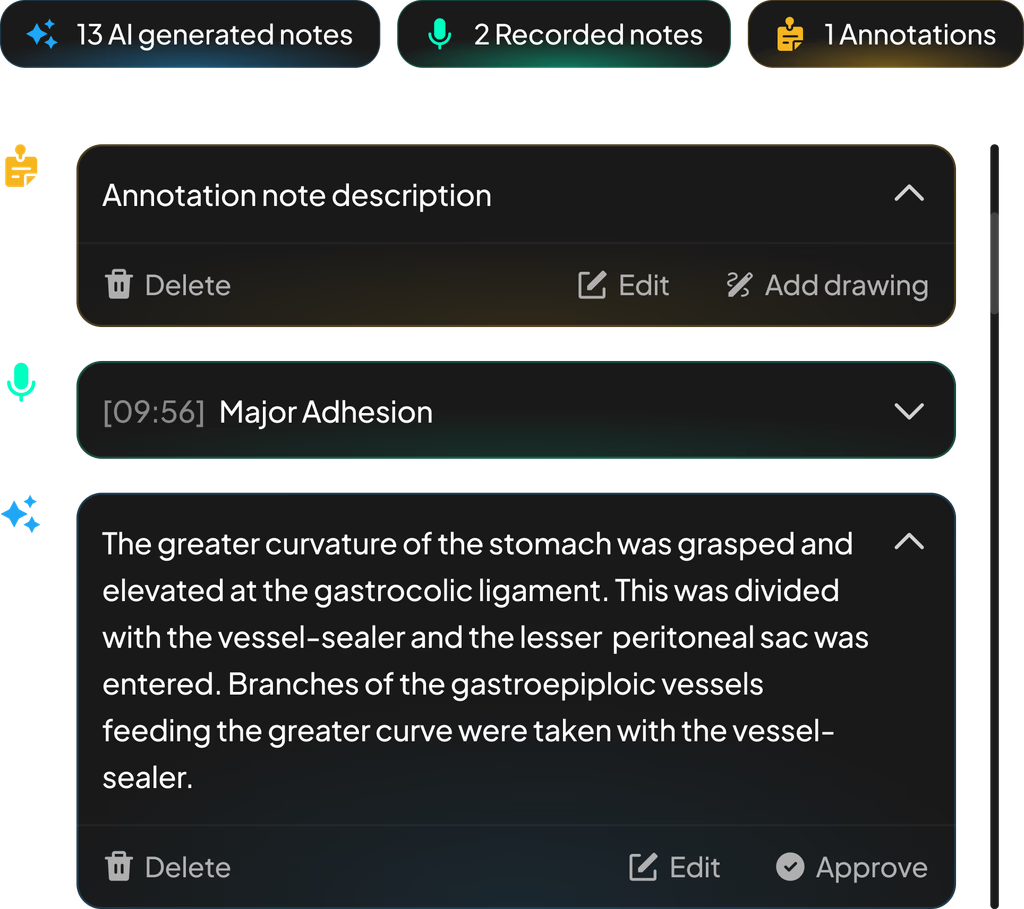 Voice notes interface: 13 AI generated notes, 2 recorded notes, 1 annotation — with edit, delete, and approve actions